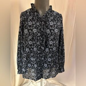 beachlunchlounge Black/Grey Floral Ruffle Neck Button Down Sheer Blouse (Size L)